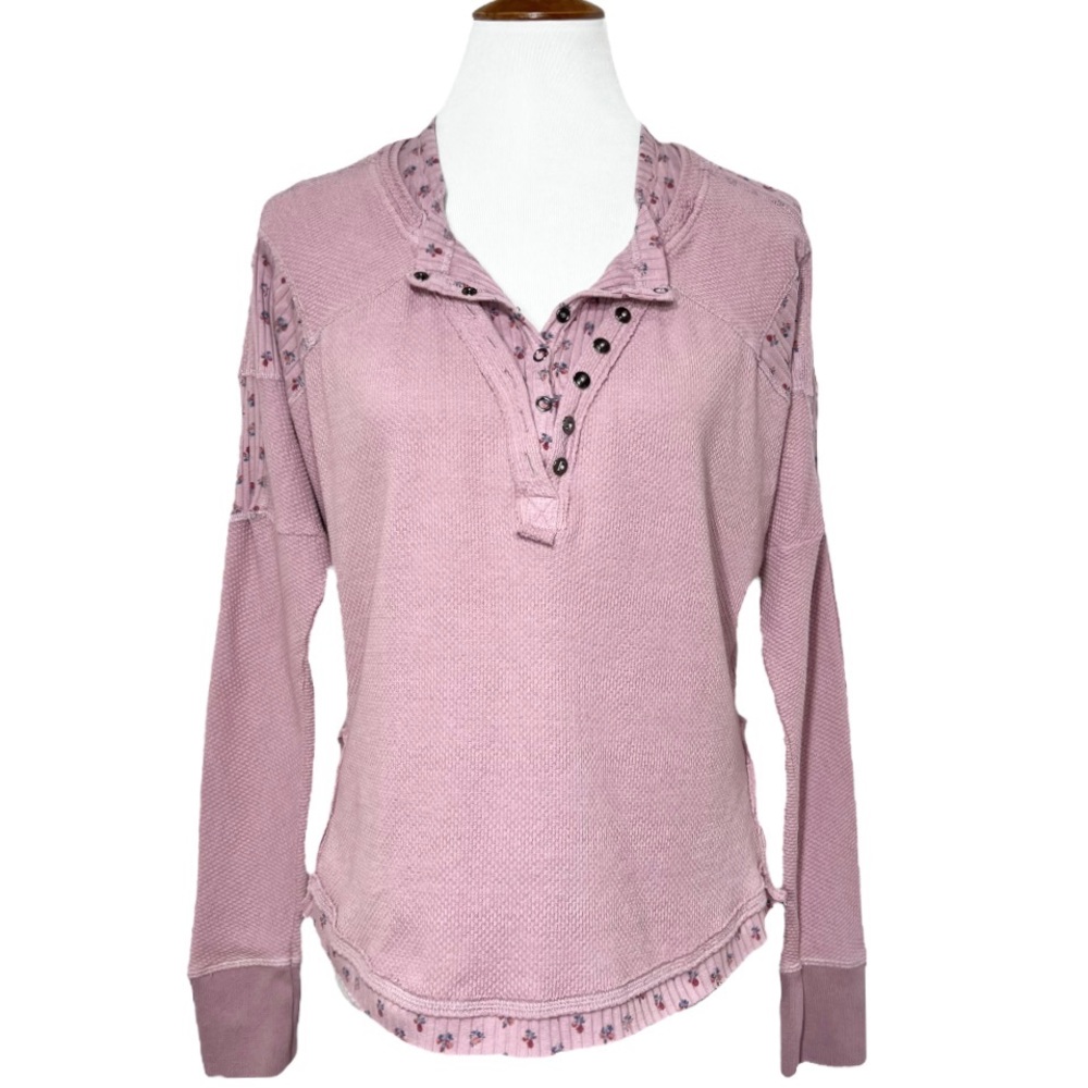 SOLD-Free People Layered Look Lavender Cherry Print Thermal Henley Knit Top - Picture 2 of 12